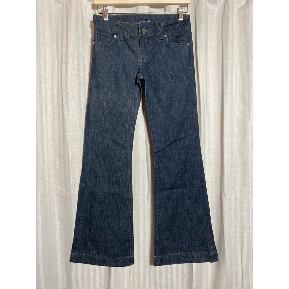 See Thru Soul I Am Lauren Wide Flare Jeans Dark Wash Low Rise Denim Womens 26
